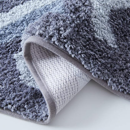 Hearth & Harbor Bathroom Rugs, Shaggy Plush Bath Mat, Ultra Soft Non Slip Backing Rubber, Chevron Design Bath Rug, Blue/Grey, 20 x 32 Inch