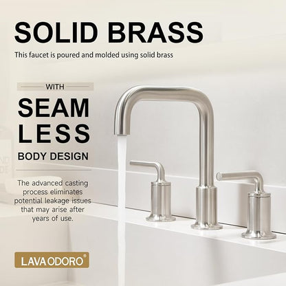 3 Hole Bathroom Faucet, Brushed Nickel Solid Brass Bath Faucet | 8 Inch Widespread Bathroom Sink Faucet, 2 Handle Faucet for Bathroom Sink with Drain Assembly Supply Line, BF503-BN
