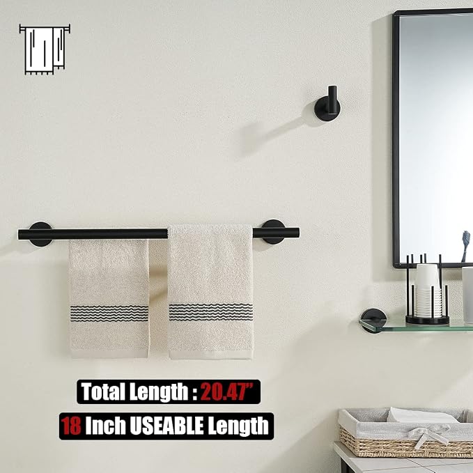 JQK Black Double Towel Bar, 20.5 Inch 304 Stainless Steel Thicken 0.8mm Towel Rack Bathroom, Towel Holder Matte Black Wall Mount, Useable Length 18 Inch 2 Pack, TB100L18-PB-P2