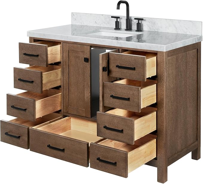 Beckford 48-Inch Brown Oak Single Bathroom Vanity with Sink, 1.5-Inch Edge Italian Carrara Marble Countertop & 4" Backsplash, Soft-Closing Doors & Drawers, Solid Oak Wood Construction