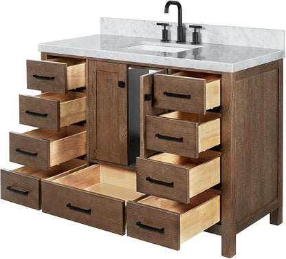 Beckford 48-Inch Brown Oak Single Bathroom Vanity with Sink, 1.5-Inch Edge Italian Carrara Marble Countertop & 4" Backsplash, Soft-Closing Doors & Drawers, Solid Oak Wood Construction
