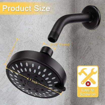 AISOSO Shower Head, 5 Modes High Pressure Shower Heads for Relaxed Shower Experience, 4.1 Inch Bathroom Fixed Showerhead Even at Low Water Pressure for Powerful Spray, Matte Black