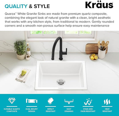 KRAUS Quarza 24-inch Granite Drop-In/Undermount Single Bowl White Kitchen Sink, KGD-410BWHITE