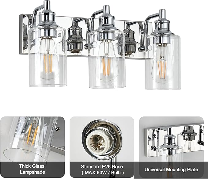 3-Light Bathroom Light Fixtures Modern Chrome Vanity Lights for Bathroom Lighting Fixtures Over Mirror for Cabinet Mirror Bedroom Hallway