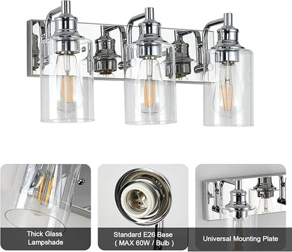 3-Light Bathroom Light Fixtures Modern Chrome Vanity Lights for Bathroom Lighting Fixtures Over Mirror for Cabinet Mirror Bedroom Hallway
