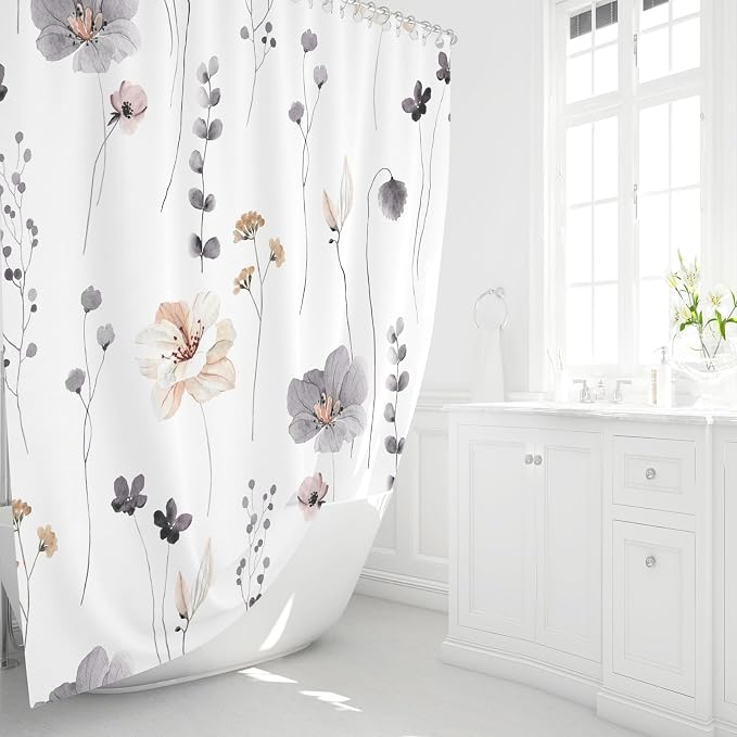 Charcoal Grey Watercolor Floral Fabric Shower Curtain, 72x72 | Waterproof Fabric, Modern Minimalist Floral Print, Machine Washable, Rustproof Grommets, Fade Resistant, for Bath Home RV
