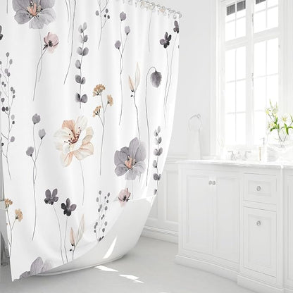Charcoal Grey Watercolor Floral Fabric Shower Curtain, 72x72 | Waterproof Fabric, Modern Minimalist Floral Print, Machine Washable, Rustproof Grommets, Fade Resistant, for Bath Home RV