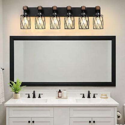 IZORRO Farmhouse Bathroom Vanity Light, 6-Light Wood Bathroom Light Fixtures Over Mirror, Black Industrial Vanity Lights with Metal Shade, Rustic Restroom Lighting Fixtures