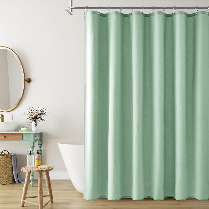 Aqua Green Linen Shower Curtain, Country Boho Farmhouse Bath Decor Shower Curtains Neutral Cloth Weighted Textured Fabric Bath Curtain Liner with Hooks, 72x96