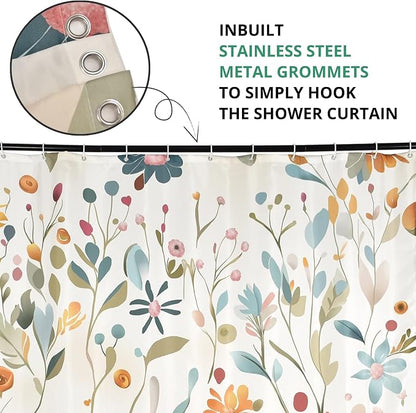 Colorful Floral Shower Curtain, Wildflower Plant Leaves Cute Flower Spring Herbs Waterproof Fabric Machine Washable for Bathroom Bathtub with Hooks 60Wx72H