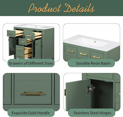 36 Inch Green Bathroon Vanity with Sink,Modern Bathroom Sink Cabinet 36" with 4 Drawers & 2 Cabinets,Integrated Countertop,Gold Handles,Soft Closing,Solid Wood Frame
