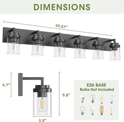 Espird Bathroom Vanity Light, 6 Light Bathroom Light Fixtures Over Mirror, Black Vanity Lights with Clear Glass Shade, Modern Bathroom Light Fixtures for Bedroom, Hallway