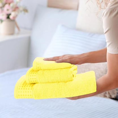 GLAMBURG Ultra Soft 3 Pack Cotton Towel Set, Contains a Bath Towel 28x55 inch, a Hand Towel 16x24 inch & a Wash Coth 12x12 inch, Ideal Everyday use, Compact & Lightweight - Lime Yellow