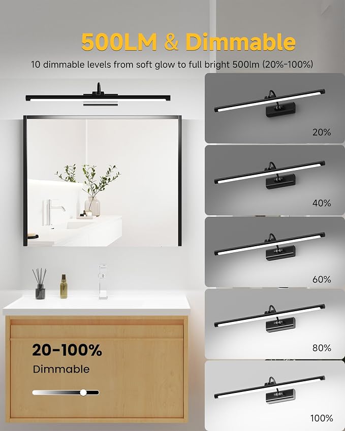 Bathroom Vanity Light Wireless Rechargeable Black 24 inch Black | 10000mAh Rechargeable Battery, 500LM Dimmable, 3 Color Temps, No Wiring , 250° Rotatable with Remote for Bathroom Mirror