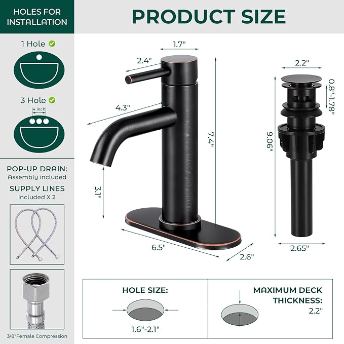 Bathroom Faucet, Single Handle Vanity Sink Faucet, Oil Rubbed Bronze | ORB, for 1/3-Hole, Stainless Steel, Ceramic Cartridge, Pop-Up Drain, Deck Plate, For Vanity Powder Laundry