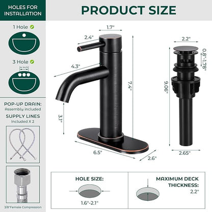 Bathroom Faucet, Single Handle Vanity Sink Faucet, Oil Rubbed Bronze | ORB, for 1/3-Hole, Stainless Steel, Ceramic Cartridge, Pop-Up Drain, Deck Plate, For Vanity Powder Laundry
