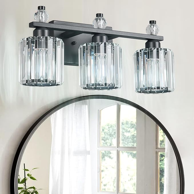 Bathroom Vanity Lights 3-Light Sand Black Modern Crystal Vanity Light Fixtures Over Mirror Crystal Bathroom Vanity Lighting Fixtures