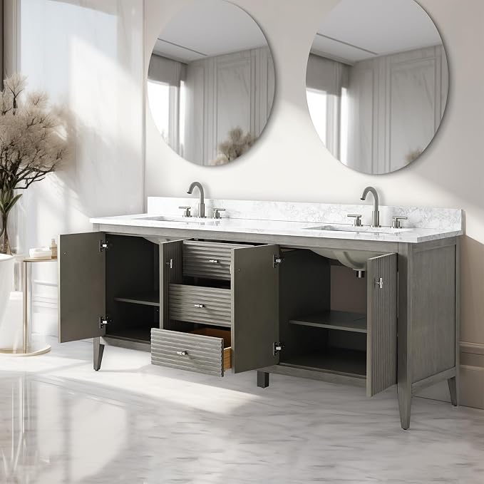 Vanity Art 72 inch Bathroom Vanity with Double Sink & Ceramic Top, Vanity Cabinet with Soft-Closing Door, Solid Wood Frame, Linear Pattern, Driftwood Gray, Golden Brushed Handware VA9172-DDG-GB