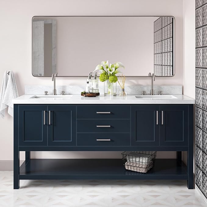 DKB Olivia 72" Midnight Blue Double Bathroom Vanity with Sink, 1.5" Edge Italian Carrara Marble Countertop, Rectangular Undermount Sinks, 4 Soft Closing Doors, 3 Dovetail Drawers