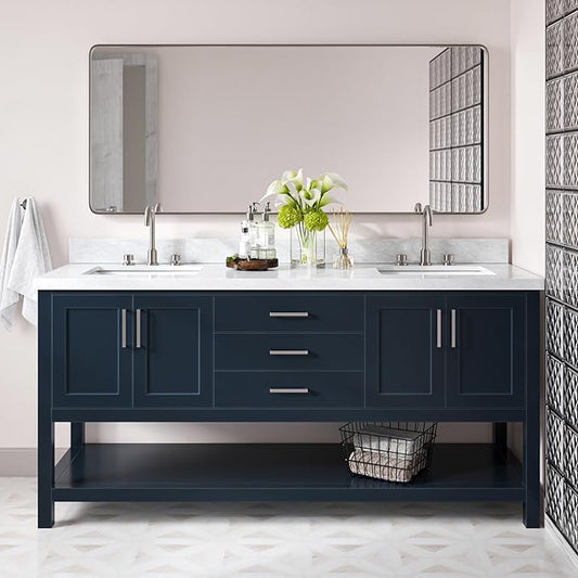 DKB Olivia 72" Midnight Blue Double Bathroom Vanity with Sink, 1.5" Edge Italian Carrara Marble Countertop, Rectangular Undermount Sinks, 4 Soft Closing Doors, 3 Dovetail Drawers