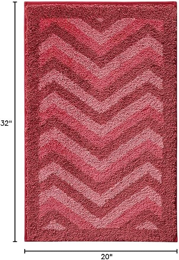 Hearth & Harbor Bathroom Rugs, Shaggy Plush Bath Mat, Ultra Soft Non Slip Backing Rubber, Chevron Design Bath Rug, Red, 20 x 32 Inch