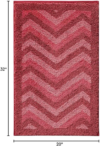 Hearth & Harbor Bathroom Rugs, Shaggy Plush Bath Mat, Ultra Soft Non Slip Backing Rubber, Chevron Design Bath Rug, Red, 20 x 32 Inch