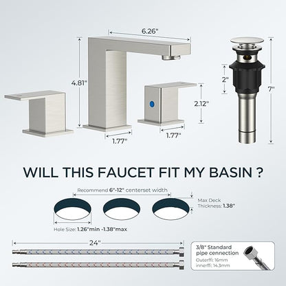FORIOUS Brushed Nickel Bathroom Faucet 3 Hole, 8 Inch Widespread Square Bathroom Sink Faucet with Metal Pop-Up Drain and cUPC Supply Lines Included for Restroom, Lavatory, Basin, Restroom and Mall