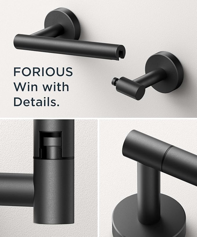 FORIOUS Bathroom Accessories, 4-Piece Bathroom Hardware Set - 18" Towel Bar | Matte Black | Towel Hooks, Towel Racks for Bathroom, Toilet Paper Holder Wall Mounted & Towel Ring | SUS304 Stainless Steel