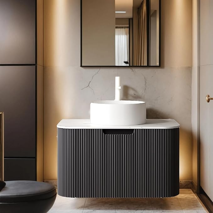 24 Inch Floating Modern Bathroom Vanity with Sink, Cabinet with Ultra-Thin Ceramic Basin and Marble Top, Extra Large Storage Drawer, Soft-Close Design, Gloss Black