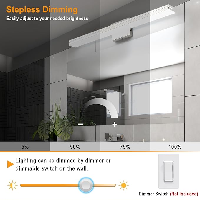 SineRise LED Modern Bathroom Vanity Light Bar (24-Inch, 3000K/4000K/6000K), Chrome Dimmable Modern Acrylic Bathroom Wall Lighting Fixtures Over Mirror