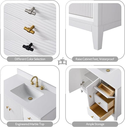 Vanity Art 42" Bathroom Vanity with Single Sink & Arabescato White Engineered Stone Top, Vanity Cabinet with Soft Closing Door, Solid Wood Frame, Golden Brushed Handles, White VA8142-W-GB
