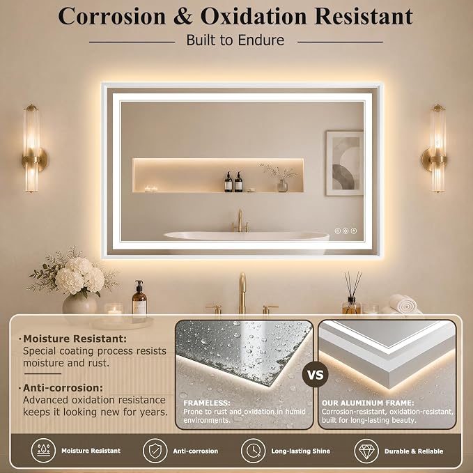 24"x36" LED Bathroom Mirror with Lights, Backlit + Front Lit, Anti-Fog | Lighted Bathroom Mirror with One-Piece Aluminum Alloy Frame, HD Shatterproof Tempered Glass, Dimmable, Memory Function