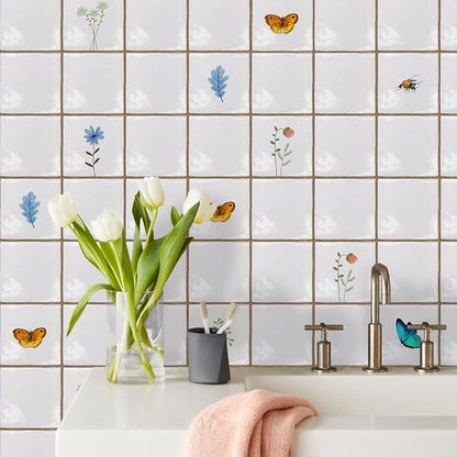 Alwayspon Vinyl Sticker Peel and Stick, Self-Adhesive Wall Tile Transfers Backsplash Sticker Decal for Kitchen Bathroom, 6x6inch/15x15cm 30Pcs, Insects and Plants T037