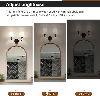 Bathroom Vanity Light, Matte Black Bathroom Light Fixtures, 2-Light Lighting Fixtures Over Mirror, Modern Wall Sconce with Flared White Fabric Shade, E26 Socket(ETL Listed)