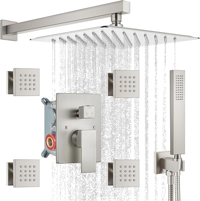 gotonovo Rainfall Shower System with Full Body Jets 4pcs Brushed Nickel | 12’’ Rainfall Shower Head with Handheld Spray Combo,Wall Mount,Rough-in Valve and Trim Kit,Brass Body Message Jets,All Metal