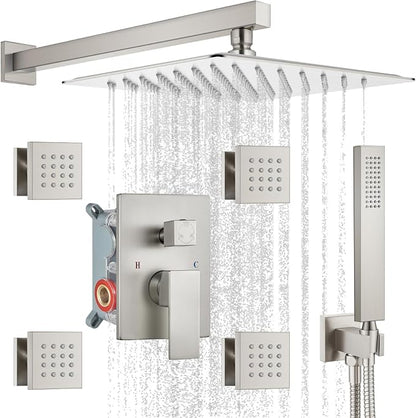 gotonovo Rainfall Shower System with Full Body Jets 4pcs Brushed Nickel | 12’’ Rainfall Shower Head with Handheld Spray Combo,Wall Mount,Rough-in Valve and Trim Kit,Brass Body Message Jets,All Metal
