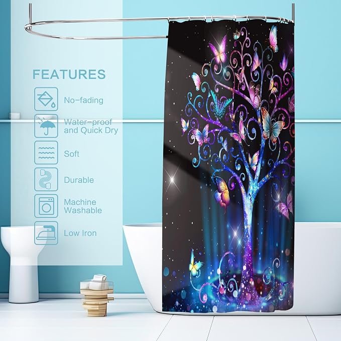 Shower Curtain Butterfly Tree, Shower Curtain for Bathroom, Fluorescence Tree Shower Curtain Sets with 12 Hooks Waterproof Polyester Fabric Machine Washable Home Office Farmhouse Decor Bath Curtains