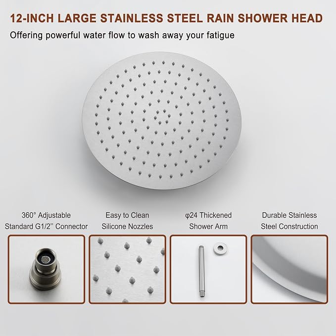 MONDAWE 12 Inch Ceiling Mounted Shower System in Brushed Nickel, 3-Function Shower Faucet Set with Rainfall Dual Shower Head and High Pressure Handheld Spray, All Function Can be Used At the Same Time