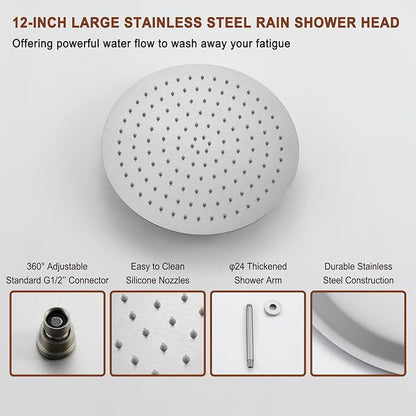 MONDAWE 12 Inch Ceiling Mounted Shower System in Brushed Nickel, 3-Function Shower Faucet Set with Rainfall Dual Shower Head and High Pressure Handheld Spray, All Function Can be Used At the Same Time