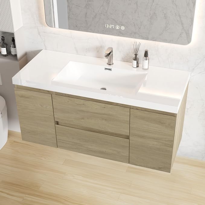 48 Inch Floating Bathroom Vanity with Sink, Large Storage Wall Mounted Floating Vanity with Soft Close Drawers, One-Piece Basin Bathroom Sink Cabinet (Natural Oak, 48")