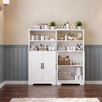 GRUSIGN 43.3" H Bathroom Storage Cabinet with Doors, Freestanding Small Bathroom Cabinet Organizer, Farmhouse Cupboard, Adjustable Shelves, for Laundry Room, Kitchen, Living Room, White