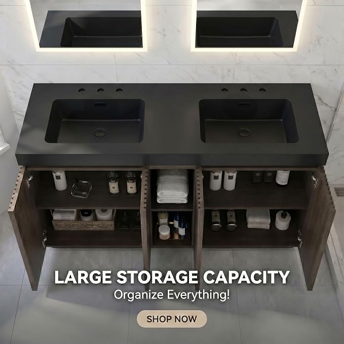 60" Double Bathroom Vanity with Sink (8" Widespread Faucet Holes Predrilled), Mid Century Modern Bathroom Cabinet with 4 Doors & Shelves, Matte Black Sink with Overflow, Smoked Oak