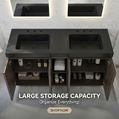 60" Double Bathroom Vanity with Sink (8" Widespread Faucet Holes Predrilled), Mid Century Modern Bathroom Cabinet with 4 Doors & Shelves, Matte Black Sink with Overflow, Smoked Oak