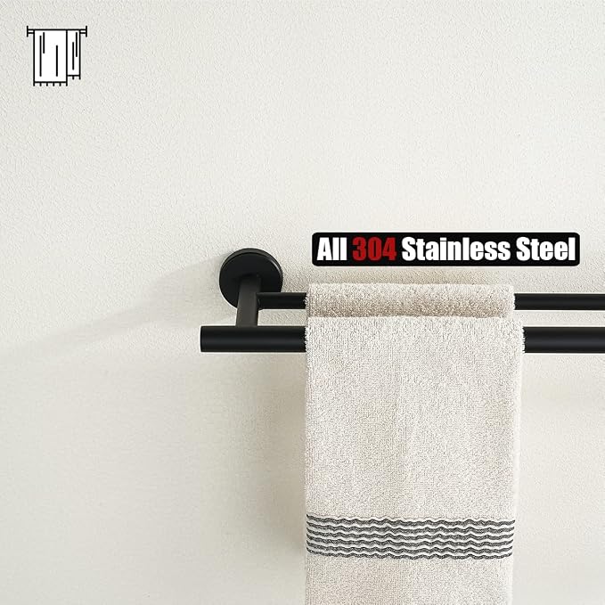 JQK Black Double Towel Bar, 20.5 Inch 304 Stainless Steel Thicken 0.8mm Towel Rack Bathroom, Towel Holder Matte Black Wall Mount, Useable Length 18 Inch, TB100L18-PB
