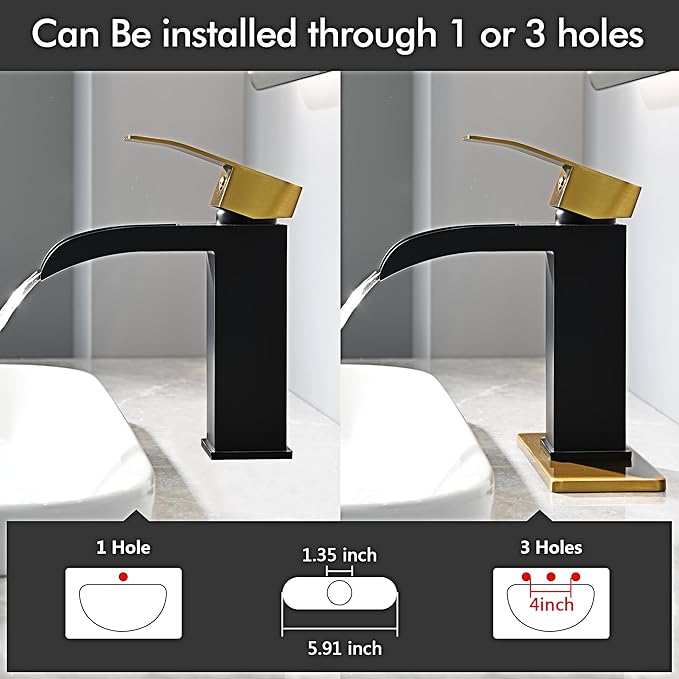 Black and Gold Waterfall Bathroom Faucet - 4In Single Handle Bathroom Sink Faucets 1 or 3 Hole Solid Vanity Faucet with Deck Plate & Overflow Pop Up Drain