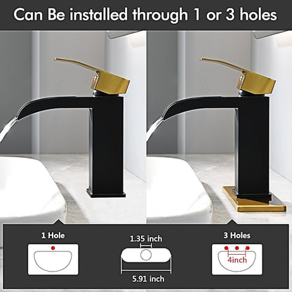 Black and Gold Waterfall Bathroom Faucet - 4In Single Handle Bathroom Sink Faucets 1 or 3 Hole Solid Vanity Faucet with Deck Plate & Overflow Pop Up Drain