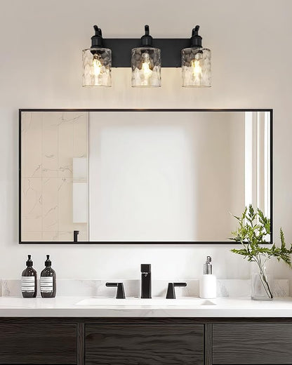 3-Light 20 Inch Bathroom Vanity Light,Hammered Glass,Black | Over Mirror Wall Light,E26 sockets,for bathroom mirror,powder room,dressing area,wall-mounted vanity lighting