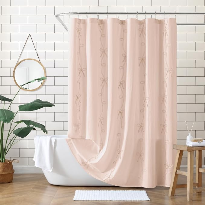 Peri Home 100% Cotton Fabric Shower Curtain for Bathroom, 72 x 72 inches, Blush Sasha Bows | Cotton Fabric, Bathroom