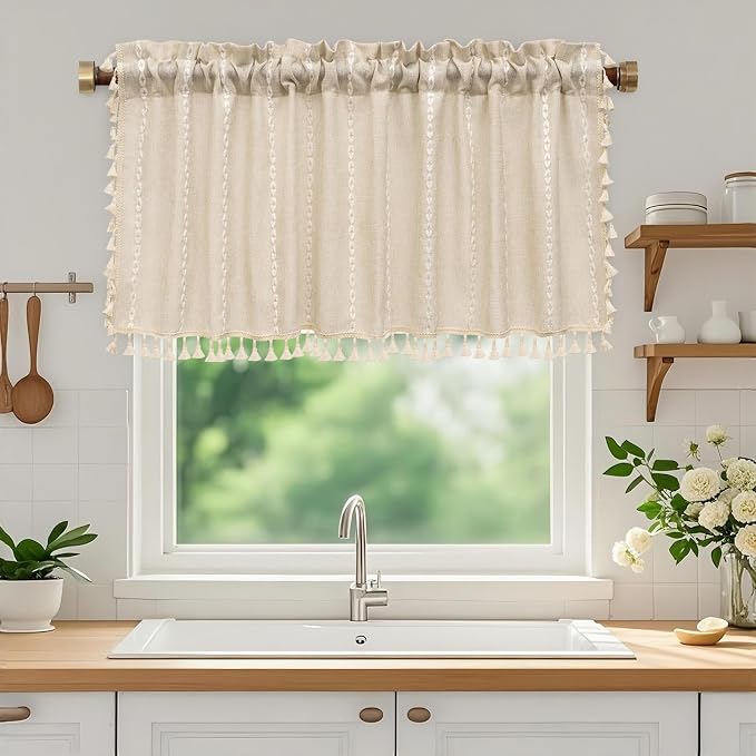 Seenus Boho Farmhouse Linen Valance Curtain, 52x18 inch Soft Light Filtering & Privacy Window Valance with Tassels for Living Room Kitchen Bathroom, Rod Pocket, Beige Cream