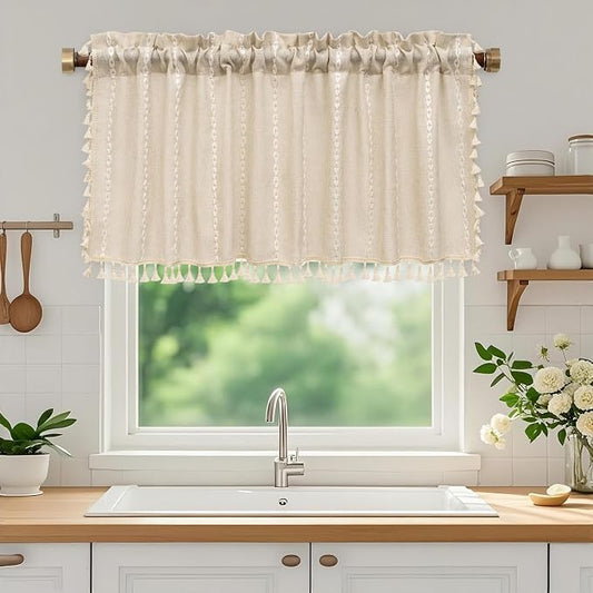 Seenus Boho Farmhouse Linen Valance Curtain, 52x18 inch Soft Light Filtering & Privacy Window Valance with Tassels for Living Room Kitchen Bathroom, Rod Pocket, Beige Cream